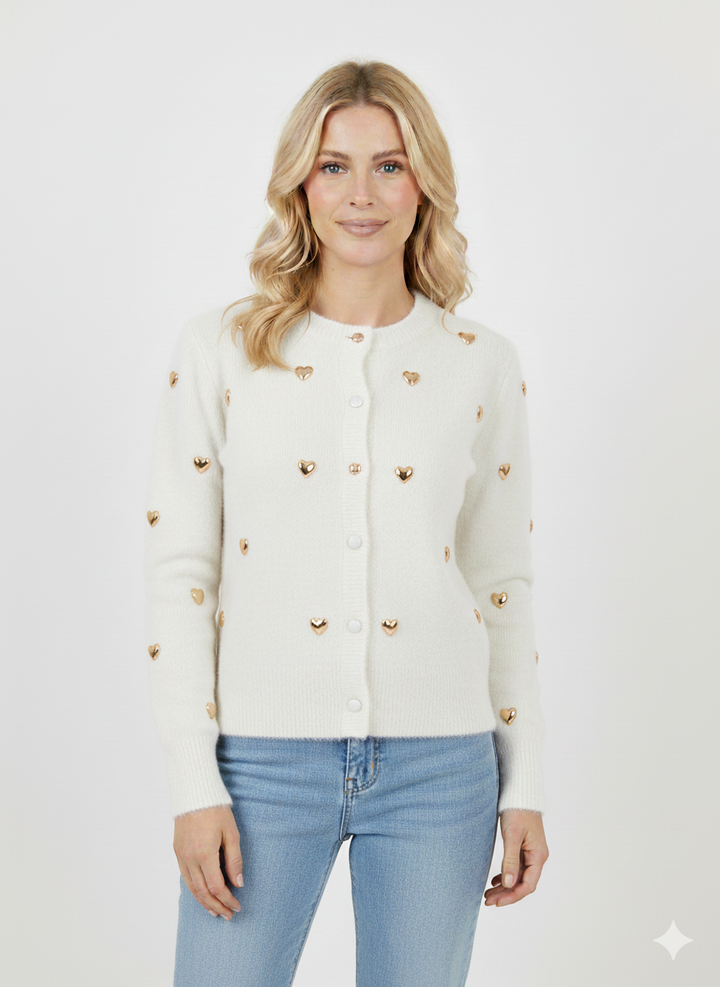 Lichtroze cardigan met gouden hartjes en ronde hals AM875