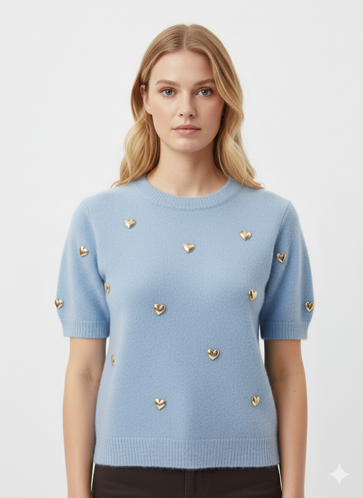 Lichtblauwe korte trui met gouden hartjes SH739