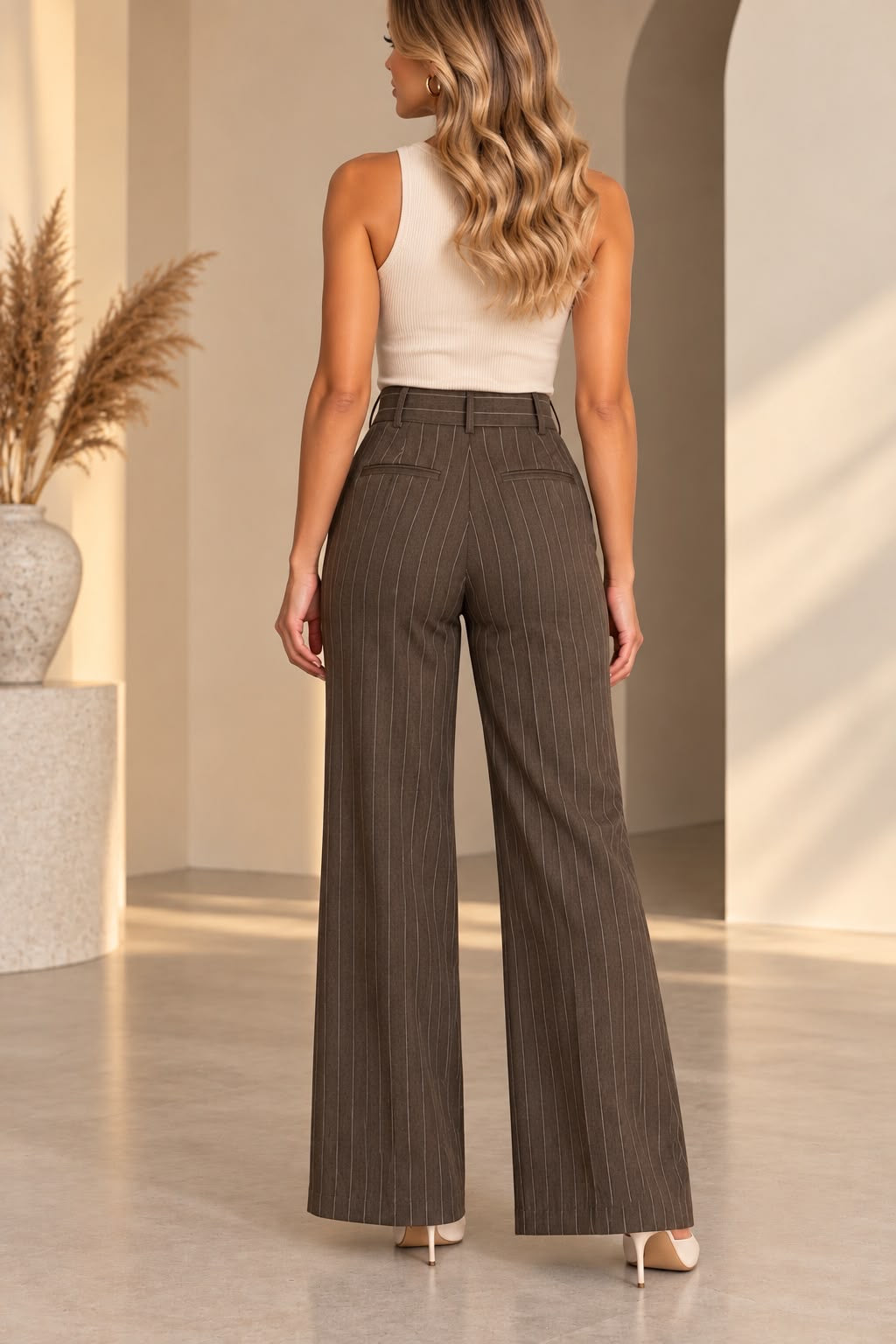 Elegant Pinstripe Wide-Leg Trousers – Taupe & Chocolate Brown 3436
