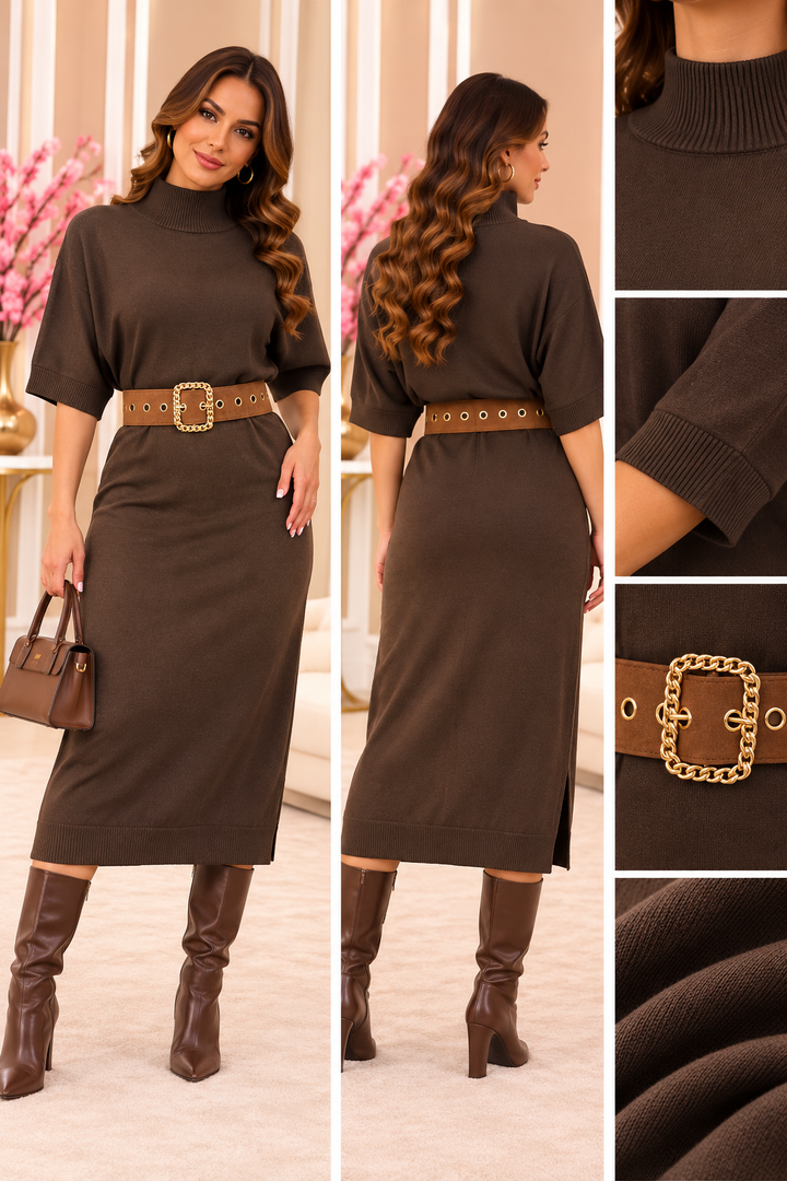 Luxe Ribbed Turtleneck Knit Dress Y1050