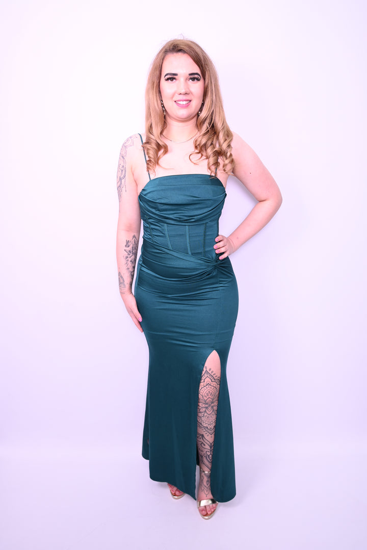 Strapless avondjurk met hoge split en gestructureerde buste 5895