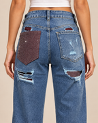 Rhinestone Distressed Straight Leg Jeans – Blue W118-5