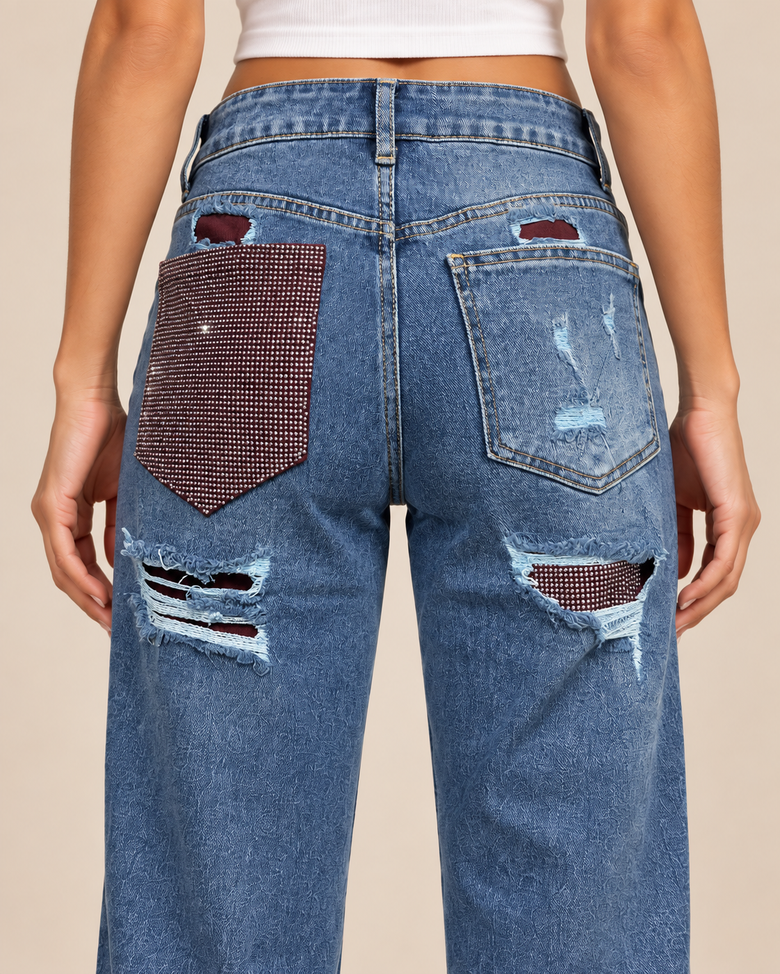 Rhinestone Distressed Straight Leg Jeans – Blue W118-5