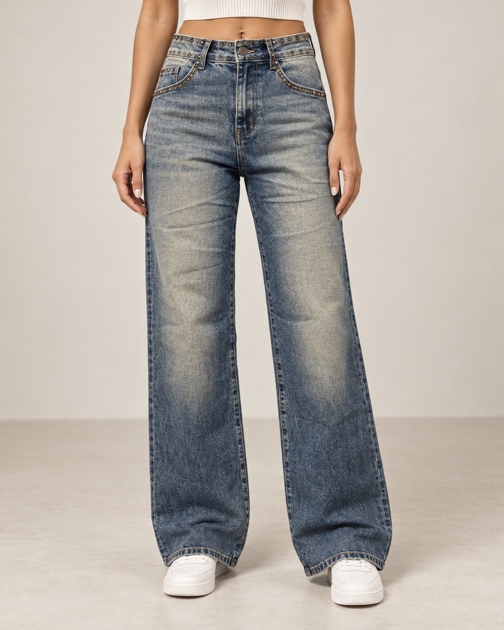 Bronze Rhinestone Wide Leg Jeans – Vintage Blue ST1109