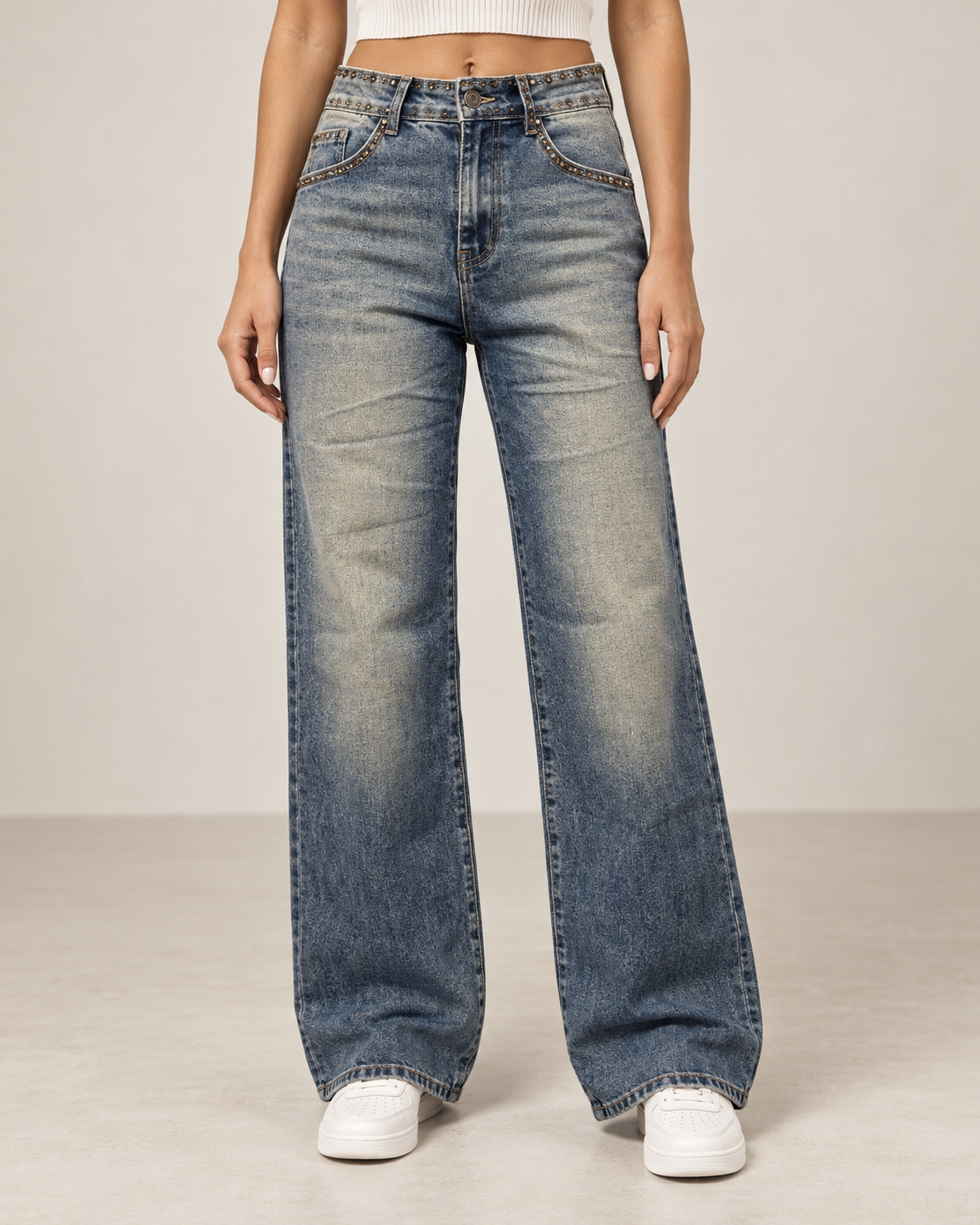 Bronze Rhinestone Wide Leg Jeans – Vintage Blue ST1109