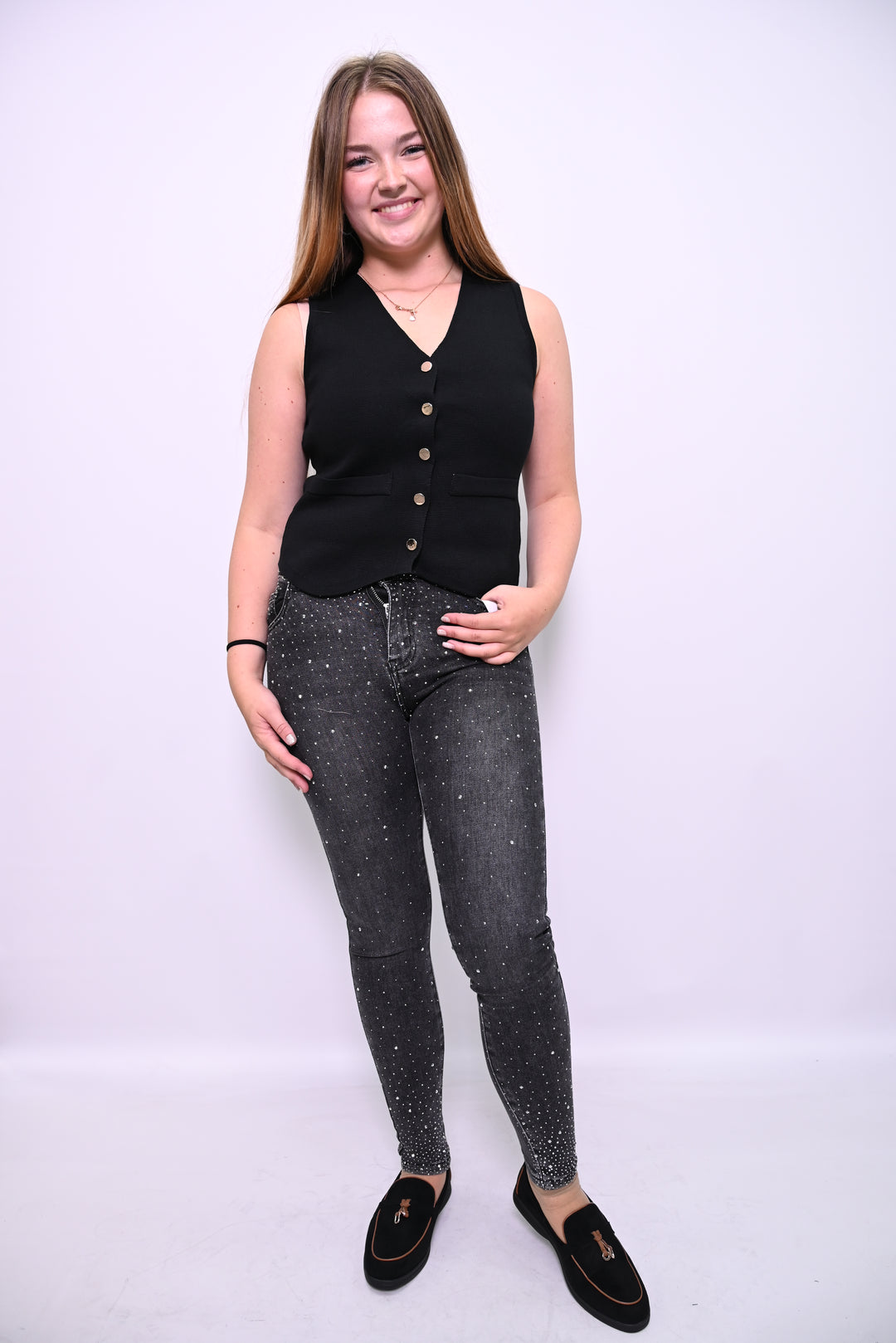 Zwarte Skinny Jeans met Witte Spikkelprint – Gedurfd & Uniek HelloMiss H931-2