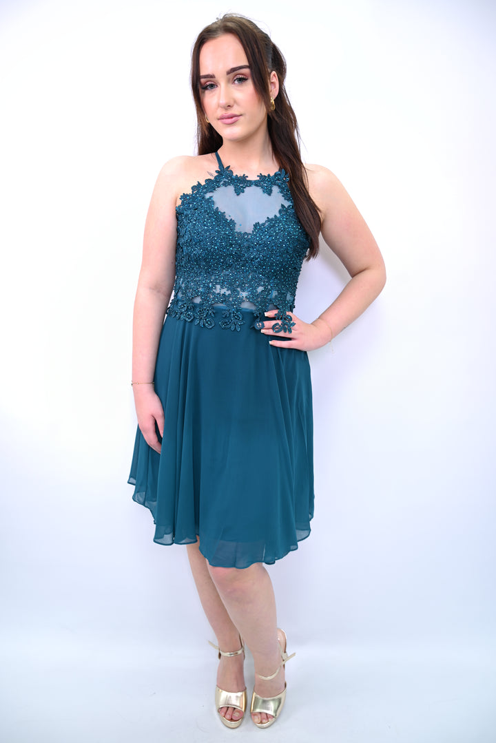 Halter Lace Chiffon Mini Dress 7014