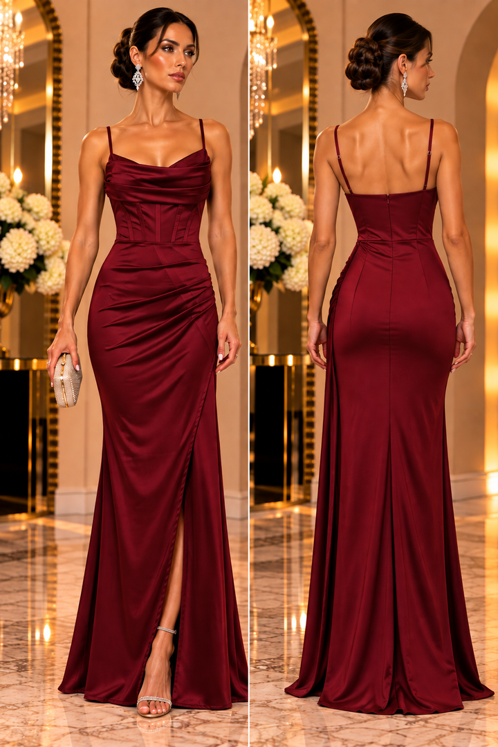 Luxe Draped Satin Gown V6455