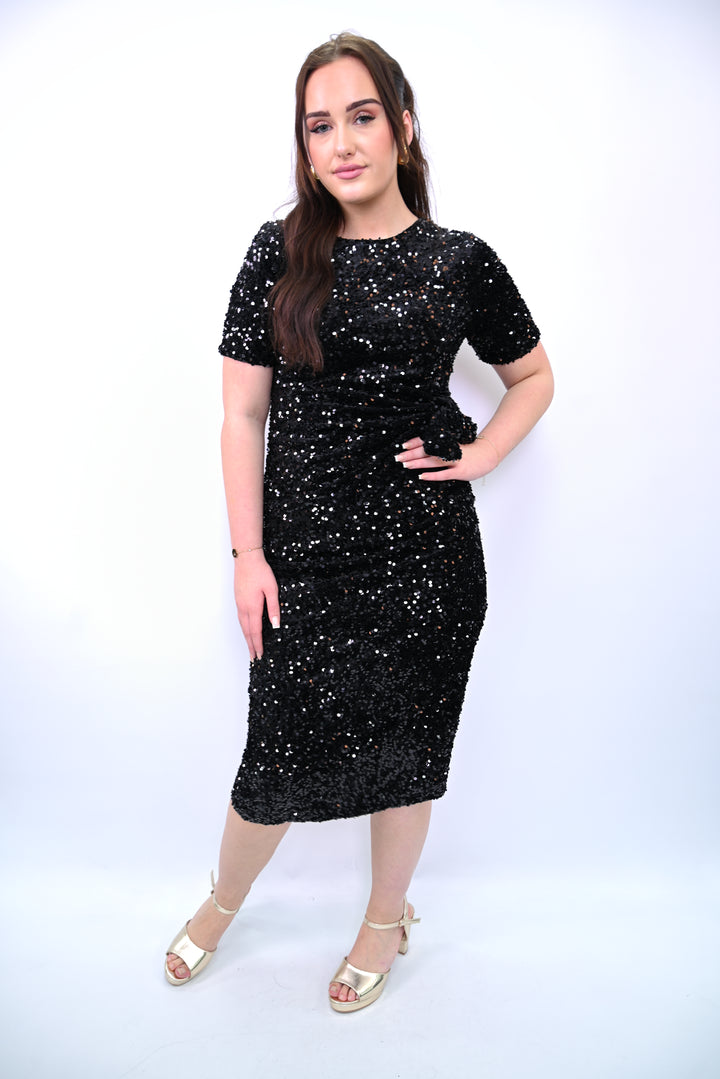 Short-Sleeve Sequin Ruched Midi Dress 2906