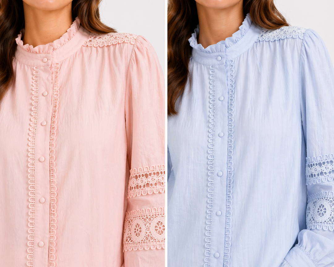 Elegance Lace Detail Blouse – Roze & Lichtblauw 10041