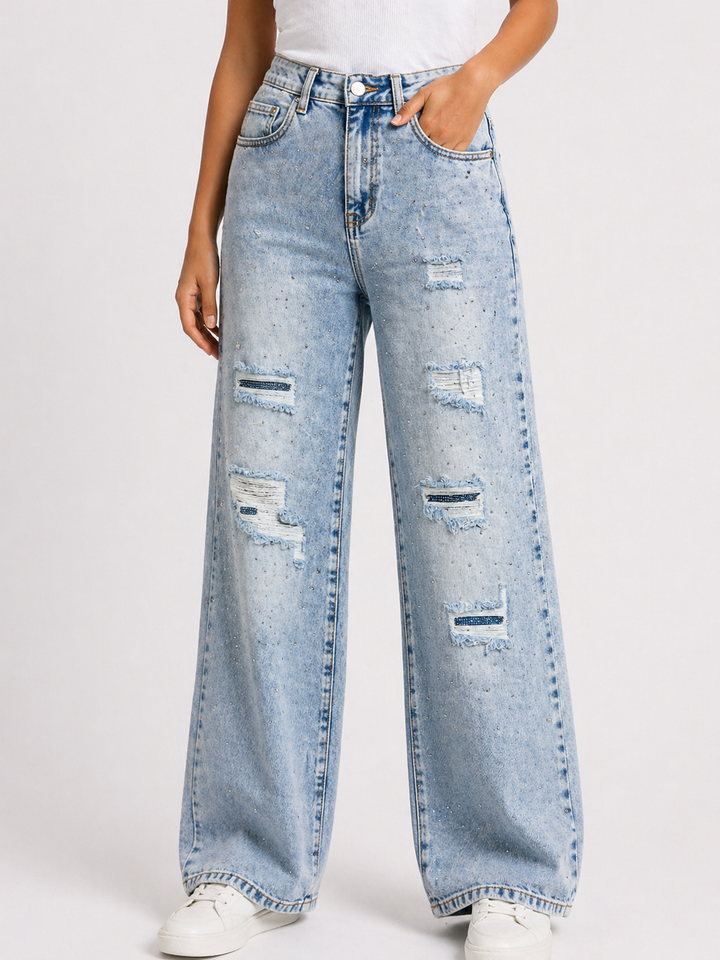 Wide Leg Jeans met Strass & Destroyed Details – Lichtblauw HelloMiss HM8667
