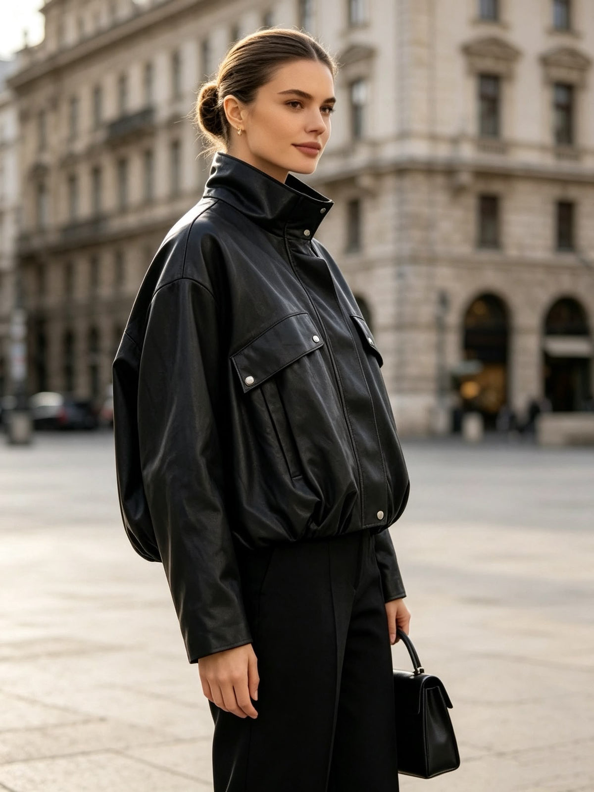 Leatherlook Bomberjack met Opstaande Kraag L62156