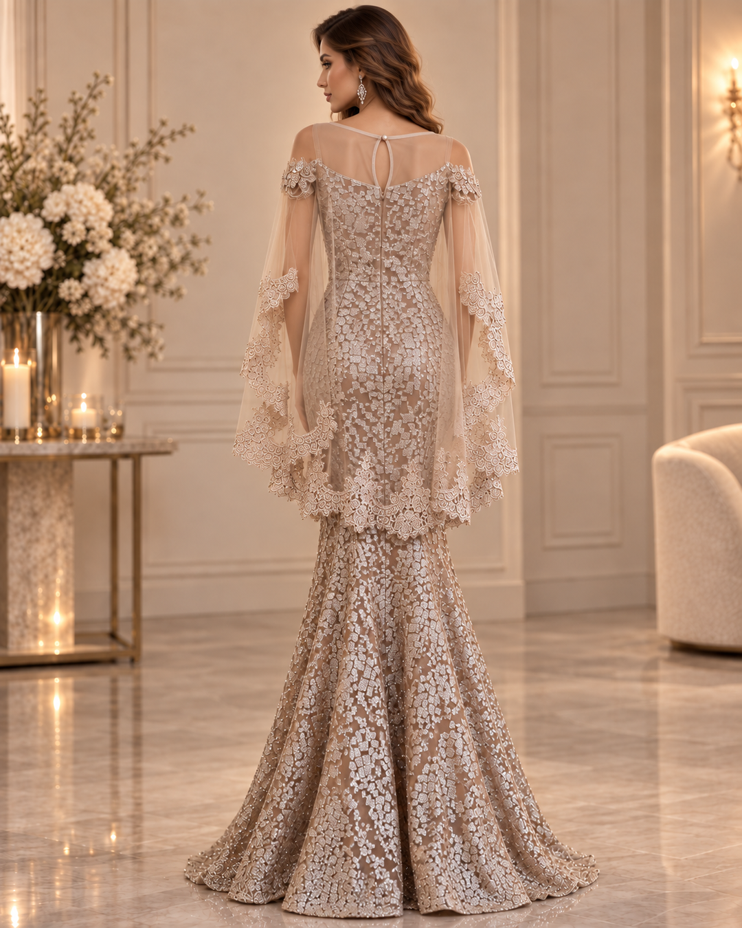 Celestia Luxe Gala Jurk met Afneembare Cape – Champagne TL-106