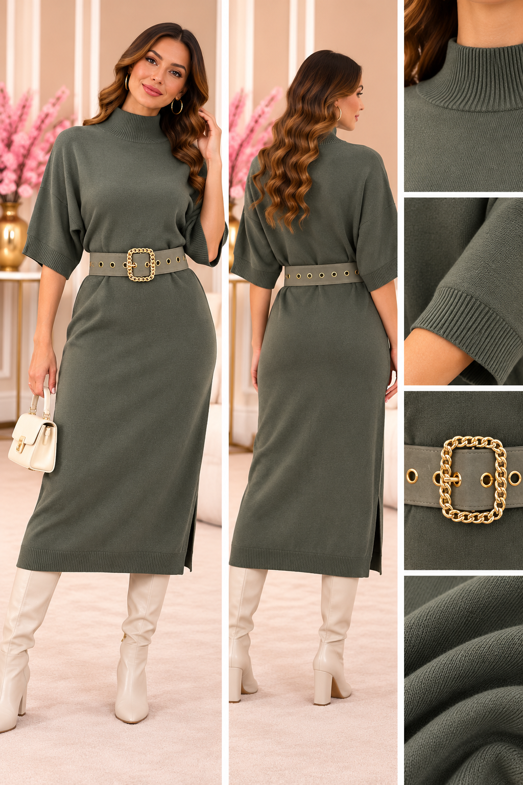 Luxe Ribbed Turtleneck Knit Dress Y1050
