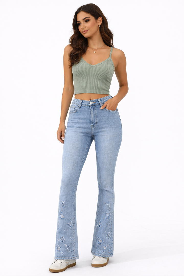 Flared Jeans met Borduursels – Elegant Flower Detail FOLYROSE Y6829