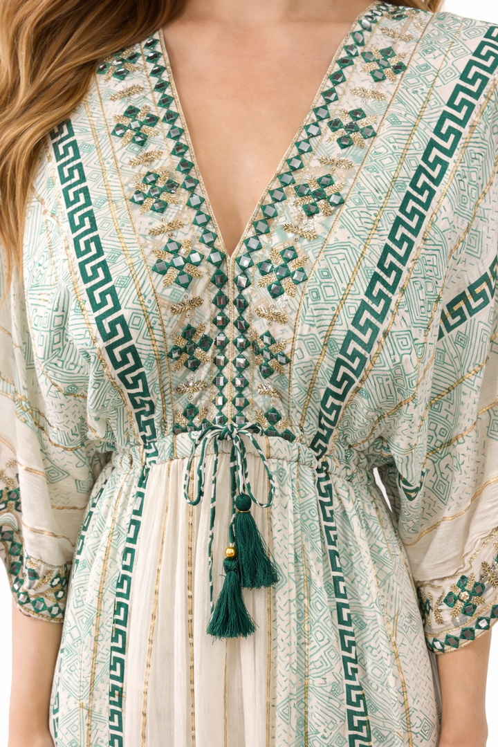 Bohemian Maxi Jurk met Geometrische Print & Borduursels 2509