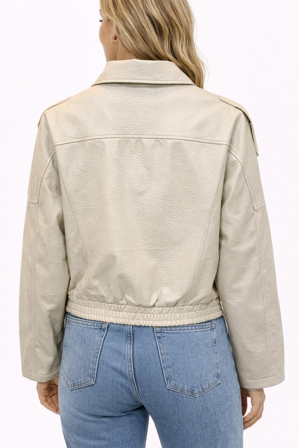 Luxe Edge Faux Leather Biker Jacket – Beige & Black 8822