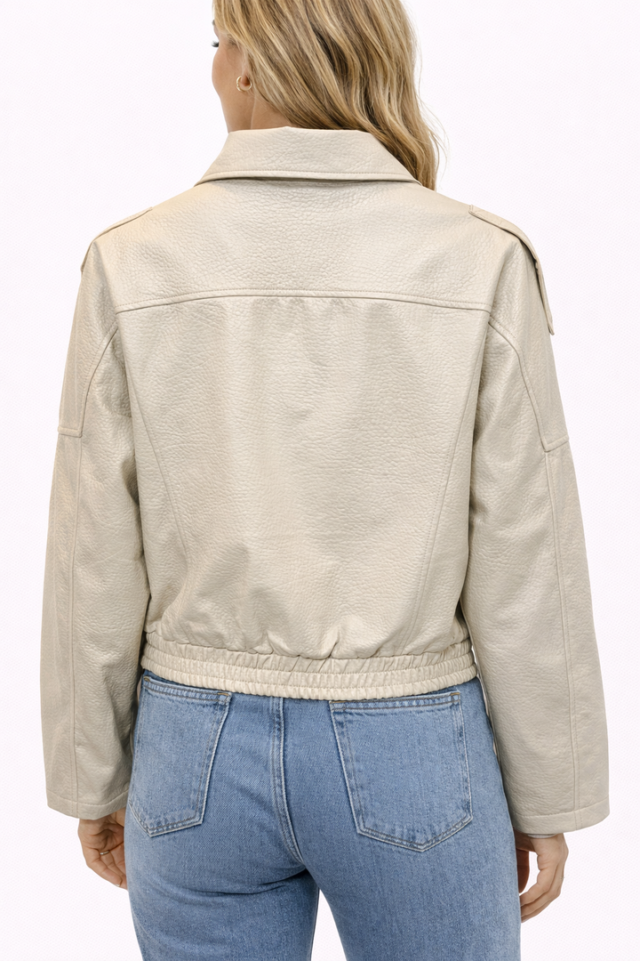 Luxe Edge Faux Leather Biker Jacket – Beige & Black 8822