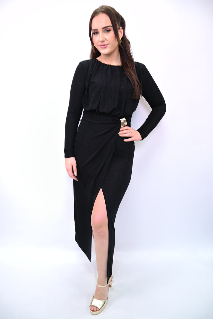 Long-Sleeve Drape Midi Dress with Buckle Detail 26113