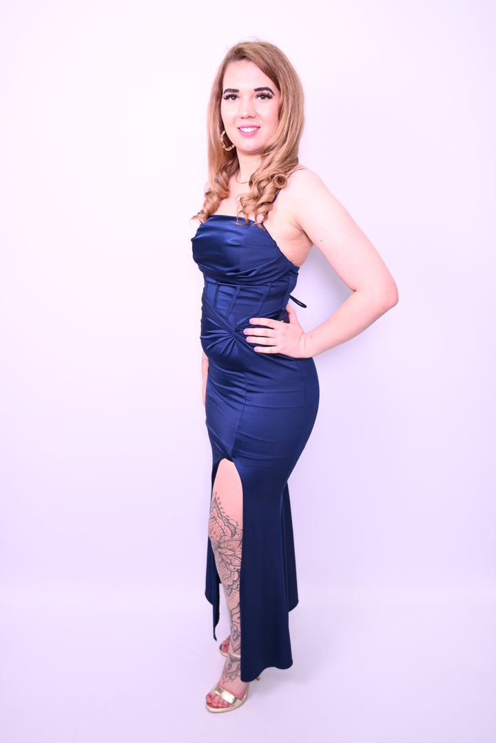 Strapless avondjurk met hoge split en gestructureerde buste 5895