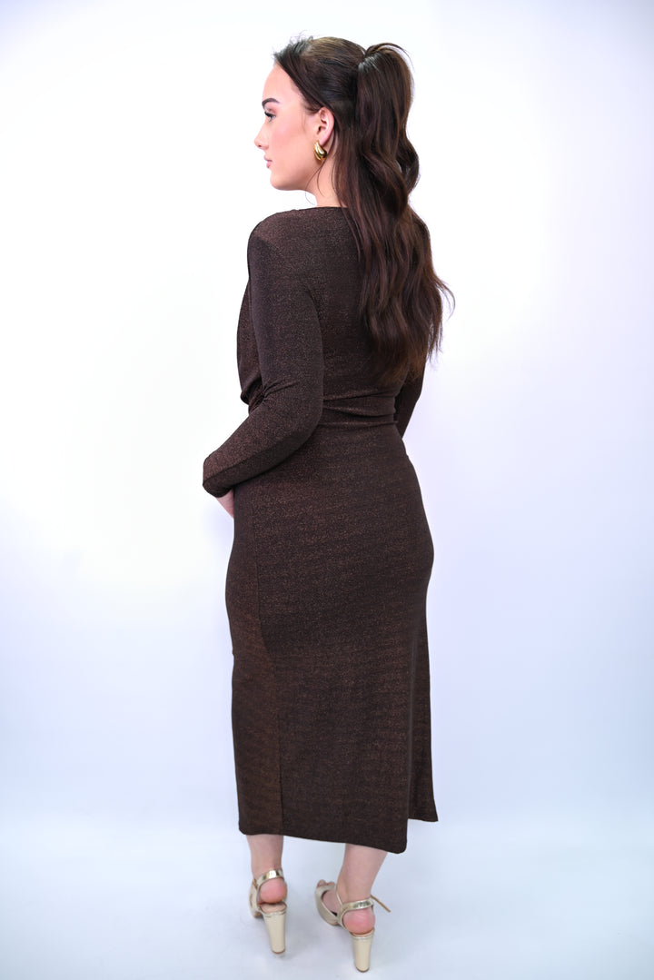 Long-Sleeve Drape Midi Dress with Buckle Detail 26113