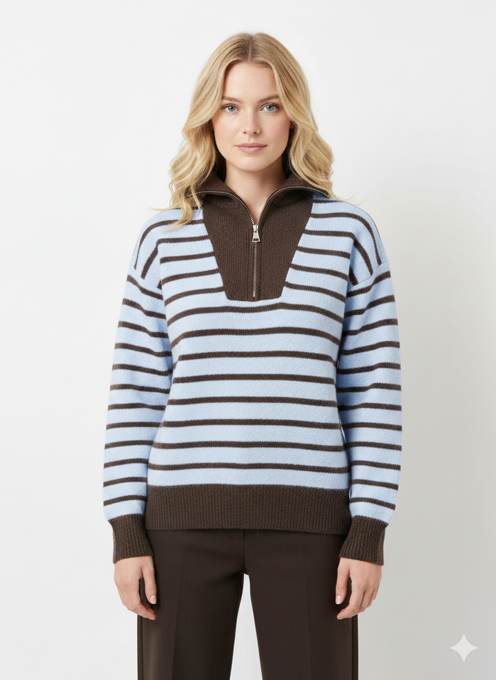 Bruin-beige gestreepte trui met halve rits M1111