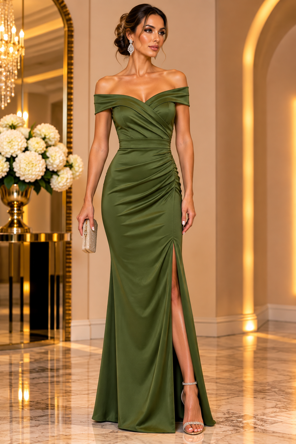 Amara Off-Shoulder Satin Maxi Dress V6048