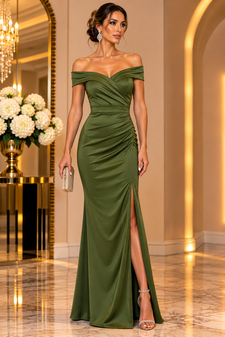 Amara Off-Shoulder Satin Maxi Dress V6048