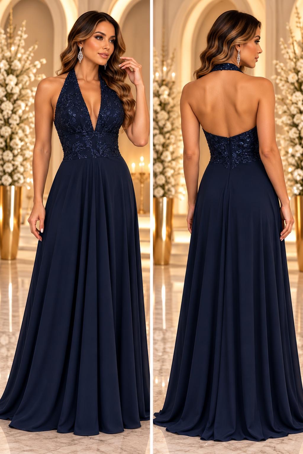 Celeste Embellished Halter Evening Gown 32190