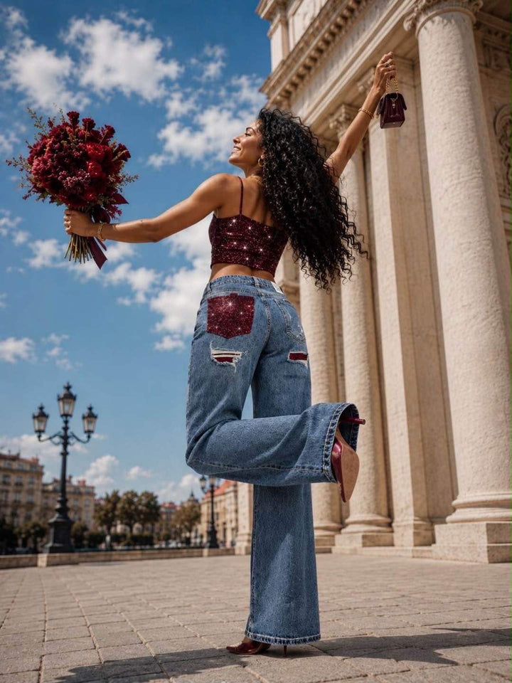 Valencia Burgundy Sparkle Wideleg Jeans
K971