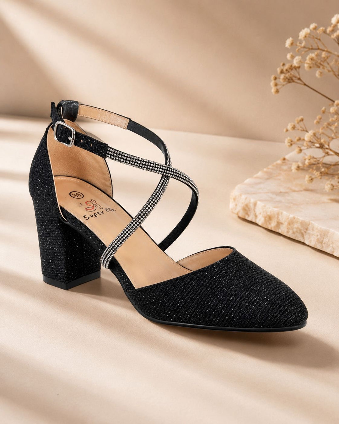 Luxe Zwarte Glitter Pumps met Strassband  
J-216