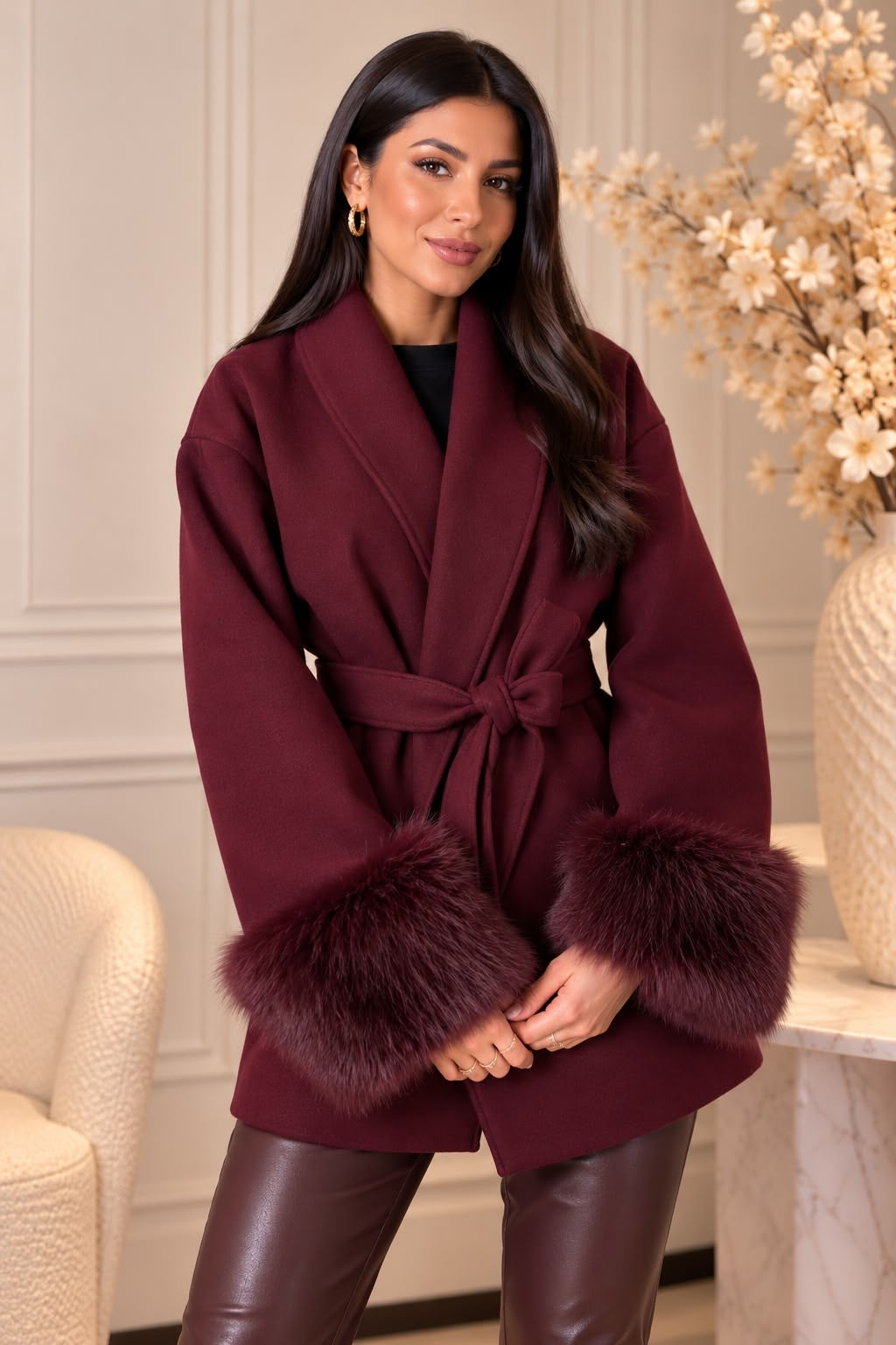 Elegant Luxe Wool Coat with Fur Cuffs