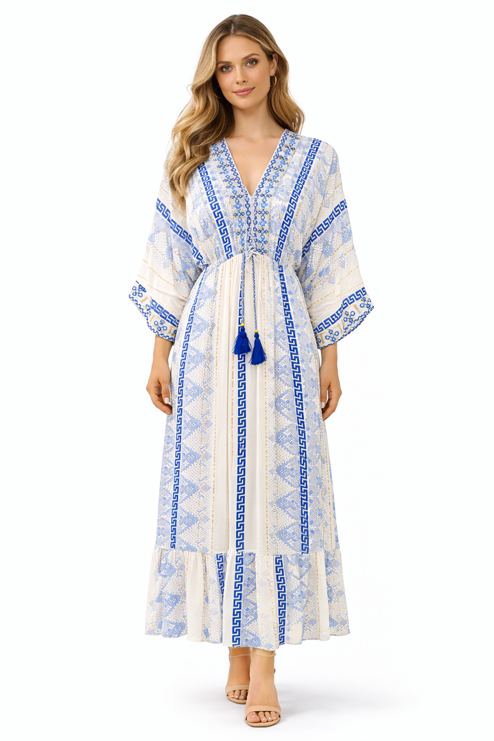 Bohemian Maxi Jurk met Geometrische Print & Borduursels 2509