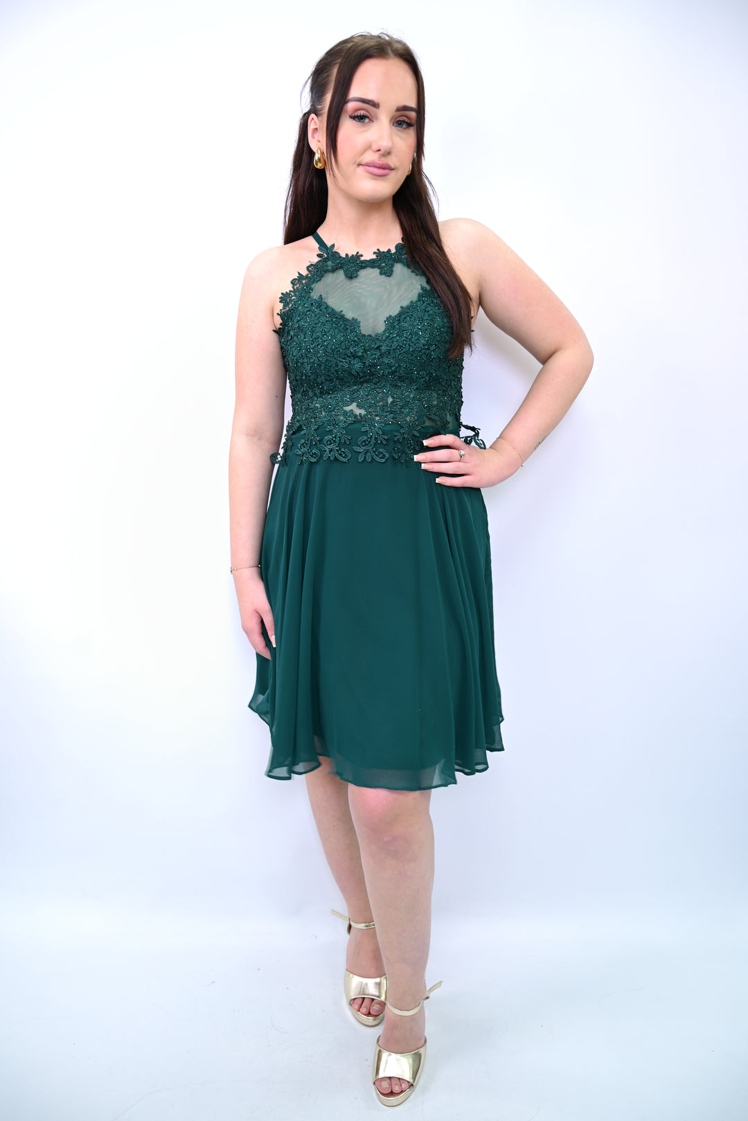 Halter Lace Chiffon Mini Dress 7014