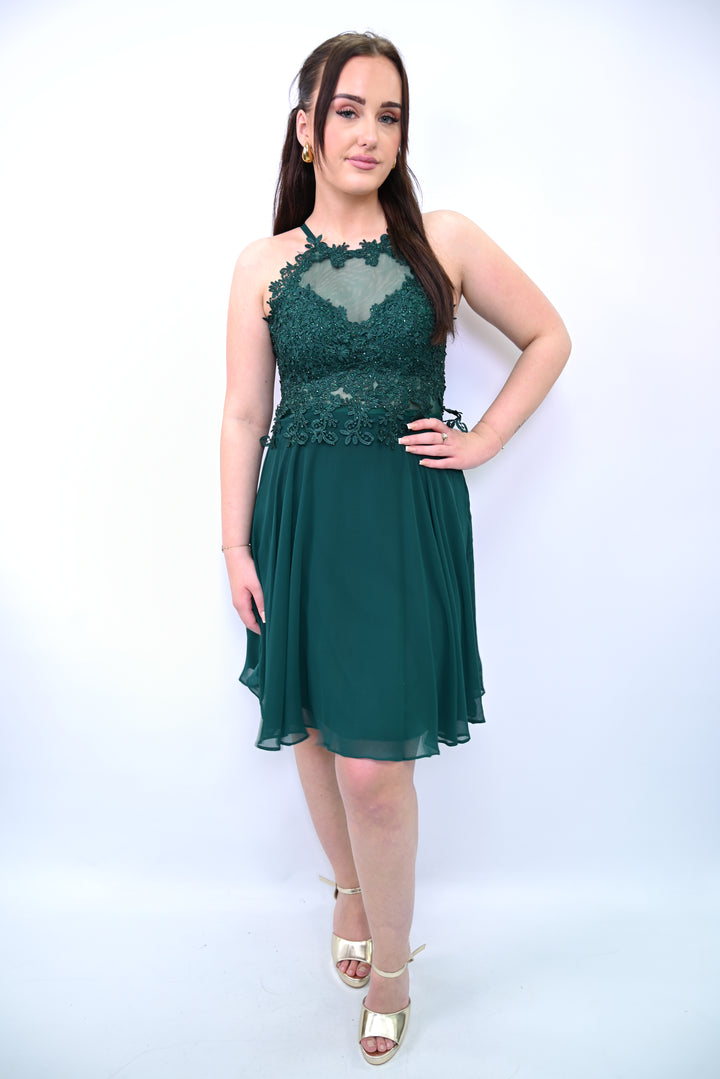 Halter Lace Chiffon Mini Dress 7014