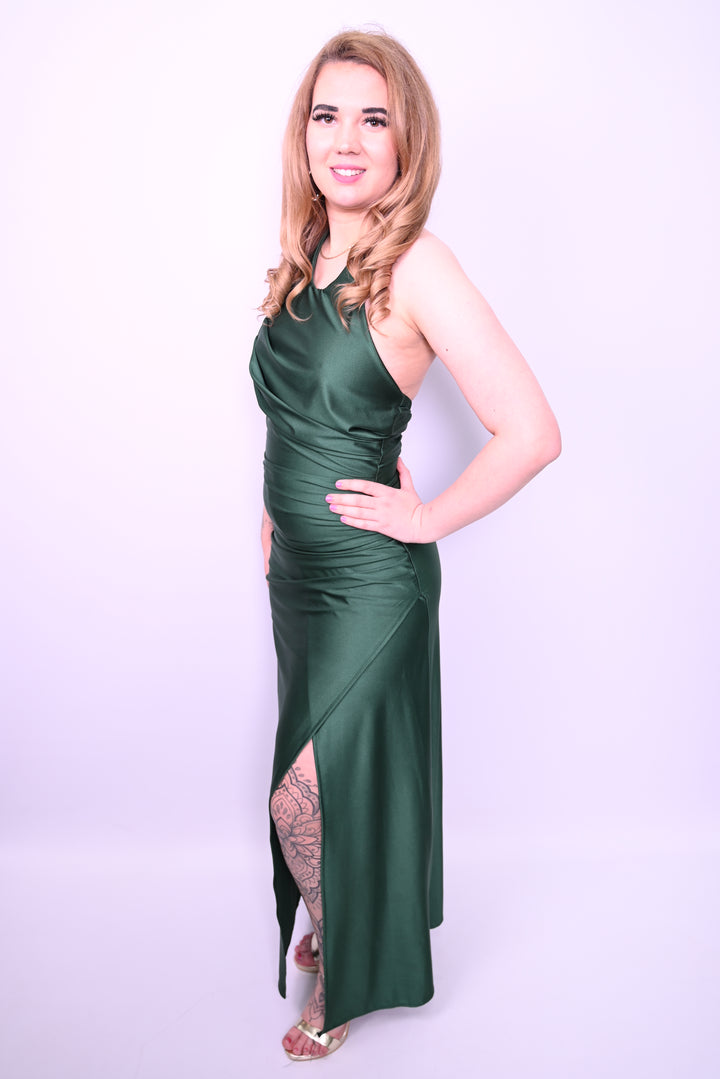 Lange avondjurk met split en satijnen glans 31378