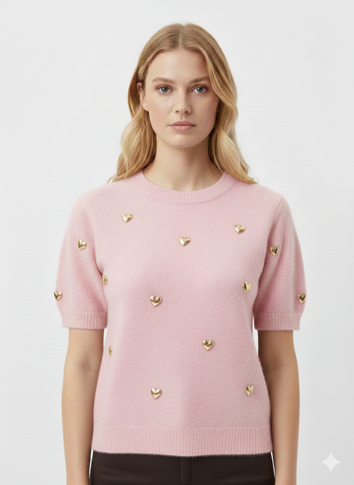 Lichtblauwe korte trui met gouden hartjes SH739