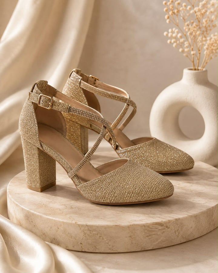 Luxe Zwarte Glitter Pumps met Strassband  
J-216