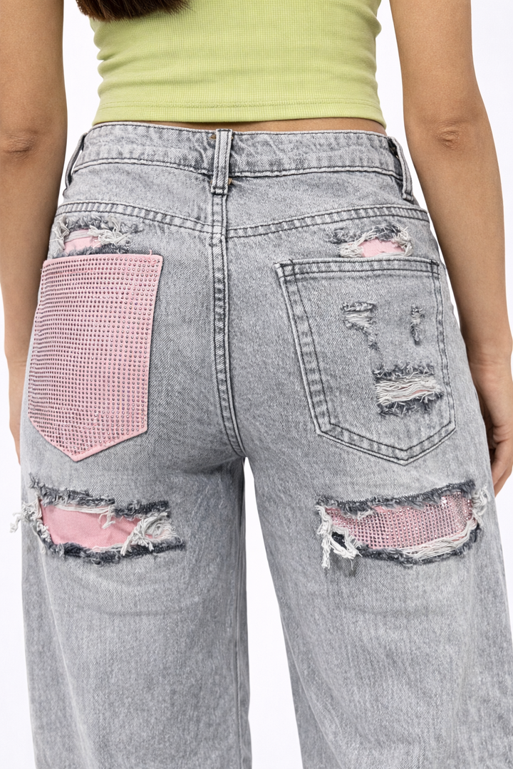 Monday Pink Crystal Wide Leg Jeans LW-1961