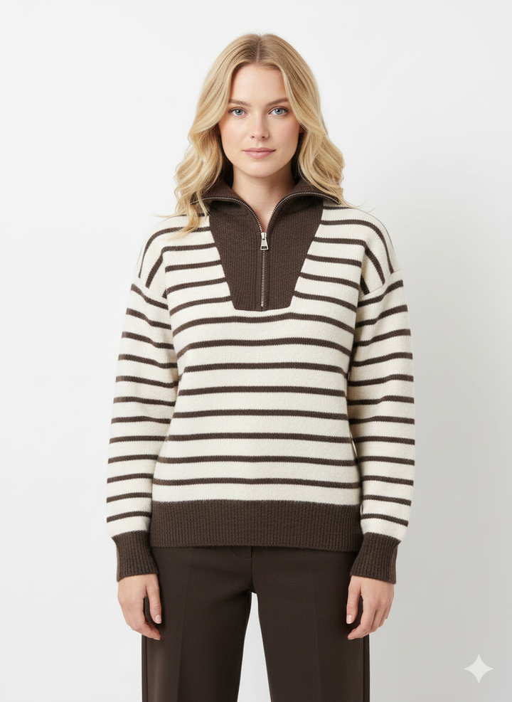 Bruin-beige gestreepte trui met halve rits M1111