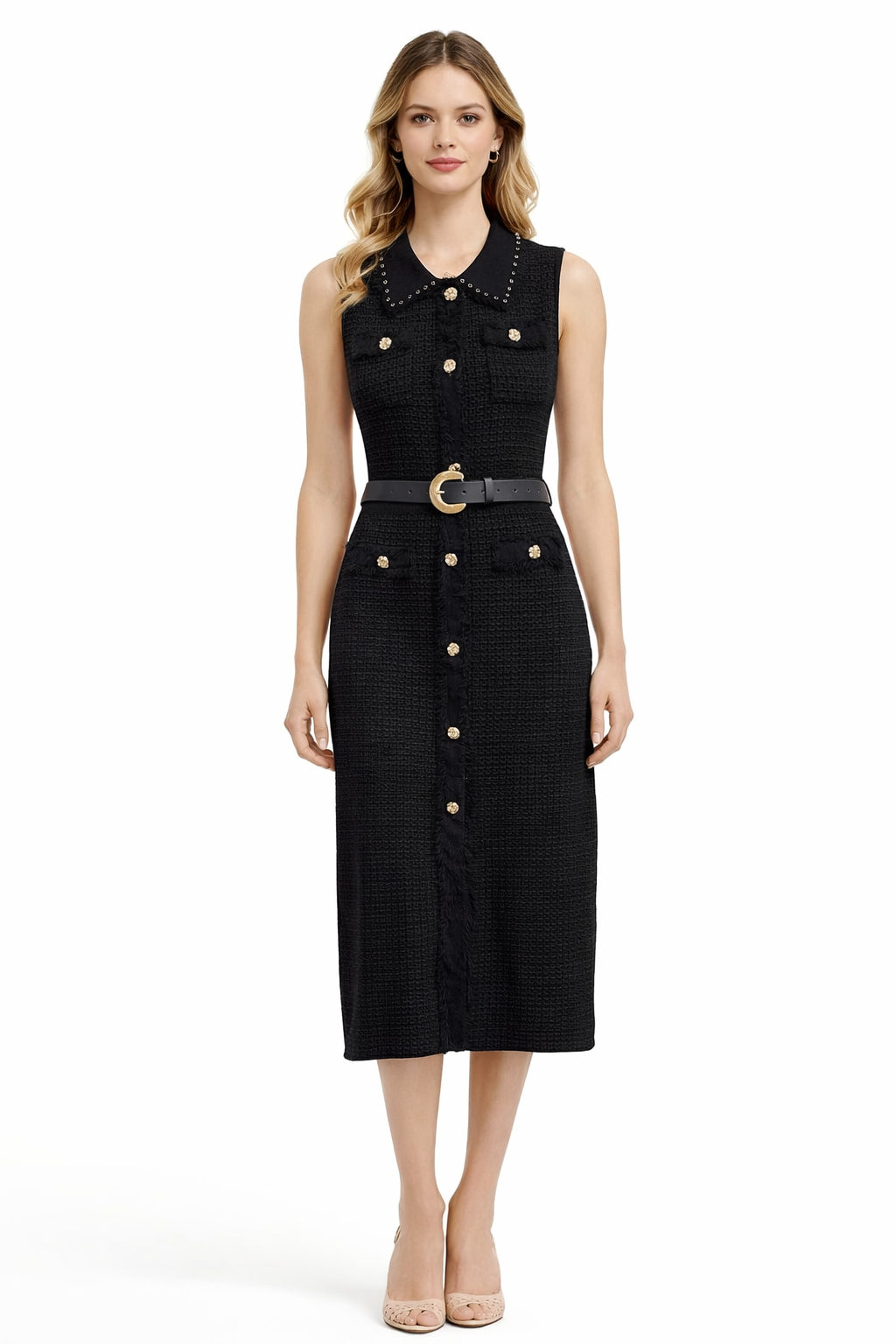 Elegance Tweed Midi Jurk met Gouden Knopen & Taille Riem MS2129