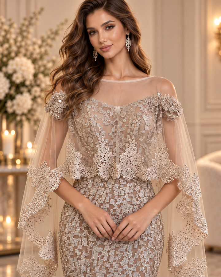 Celestia Luxe Gala Jurk met Afneembare Cape – Champagne TL-106