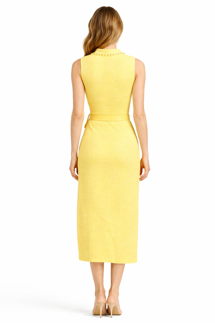 Elegance Tweed Midi Jurk met Gouden Knopen & Taille Riem MS2129