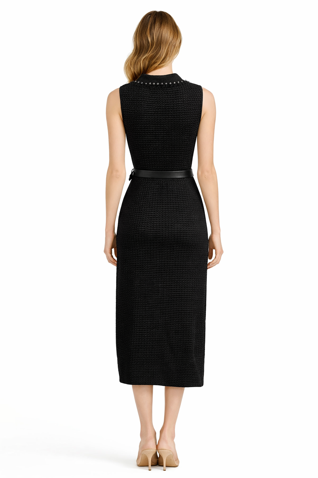 Elegance Tweed Midi Jurk met Gouden Knopen & Taille Riem MS2129