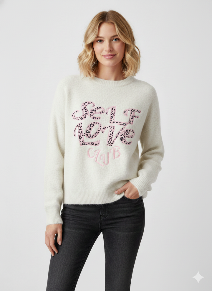 Self Love Club – Roze statement sweater met luipaardprint M1093