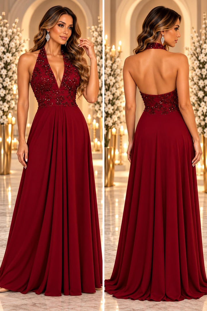 Celeste Embellished Halter Evening Gown 32190