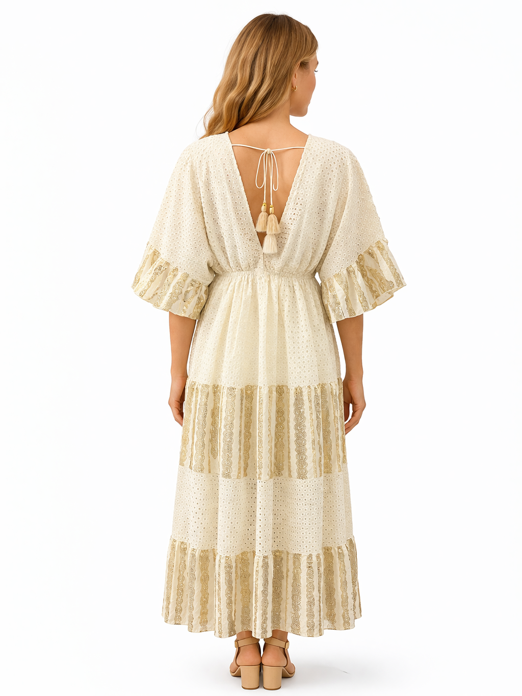 Bohemian Maxi Jurk met Broderie & Gouden Details – Crème/Zwart 313