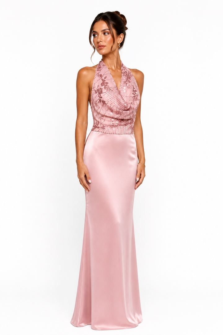 Luxe Halter Glamour Jurk – Satin & Sequin Elegance 6561