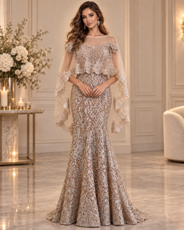 Celestia Luxe Gala Jurk met Afneembare Cape – Champagne TL-106