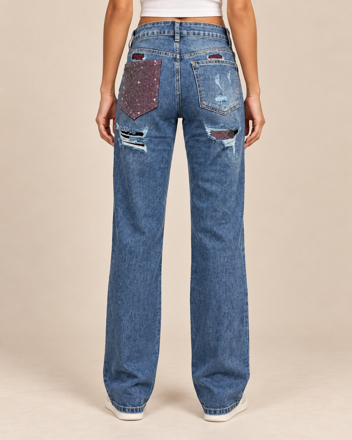 Rhinestone Distressed Straight Leg Jeans – Blue W118-5